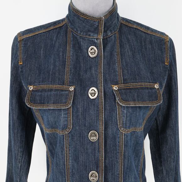 Chicos Denim Jacket 0 Womens Small Blue Military Stretch Cotton Pockets Toggles - Picture 8 of 16